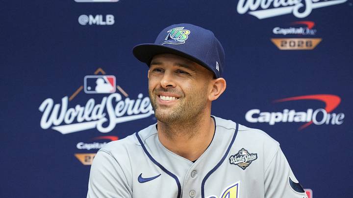 Oct 22, 2026; Milwaukee, WI, USA;  Tampa Bay Rays pitcher Nick Martinez (28) speaks during a press conference during a workout session before the 2026 World Series.  Mandatory Credit: Michael McLoone-Imagn Images