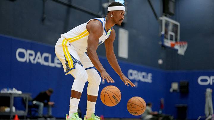 Sep 28, 2026; San Francisco, CA, USA;  Golden State Warriors forward Jimmy Butler III (10) dribbles two basketballs during Media Day at the Chase Center.  Mandatory Credit: Cary Edmondson-Imagn Images