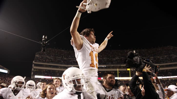 Texas Longhorns kicker Justin Tucker (19) is carried off the field after a win over rival Texas A&M.