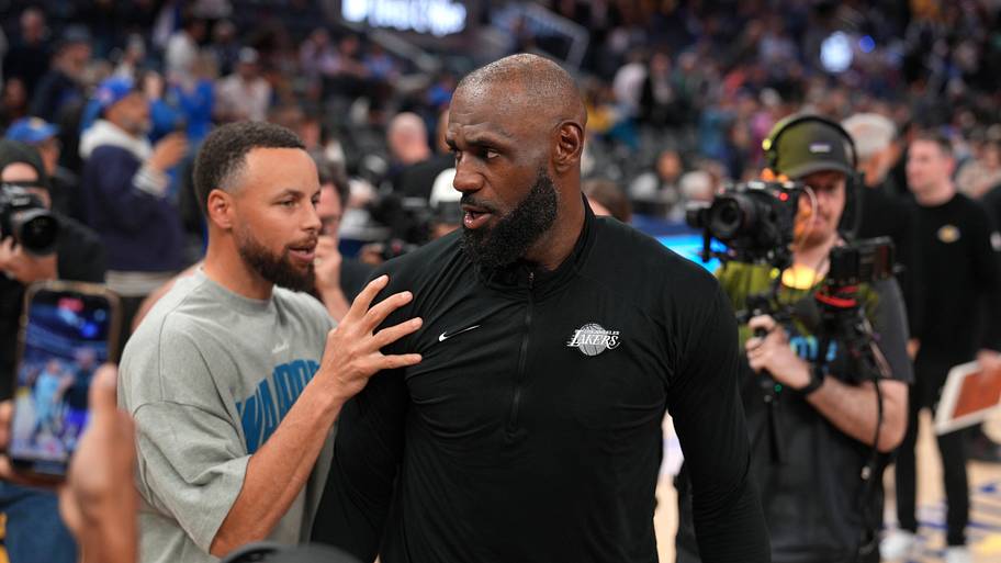 Los Angeles Lakers forward LeBron James meets with Golden State Warriors guard Stephen Curry.