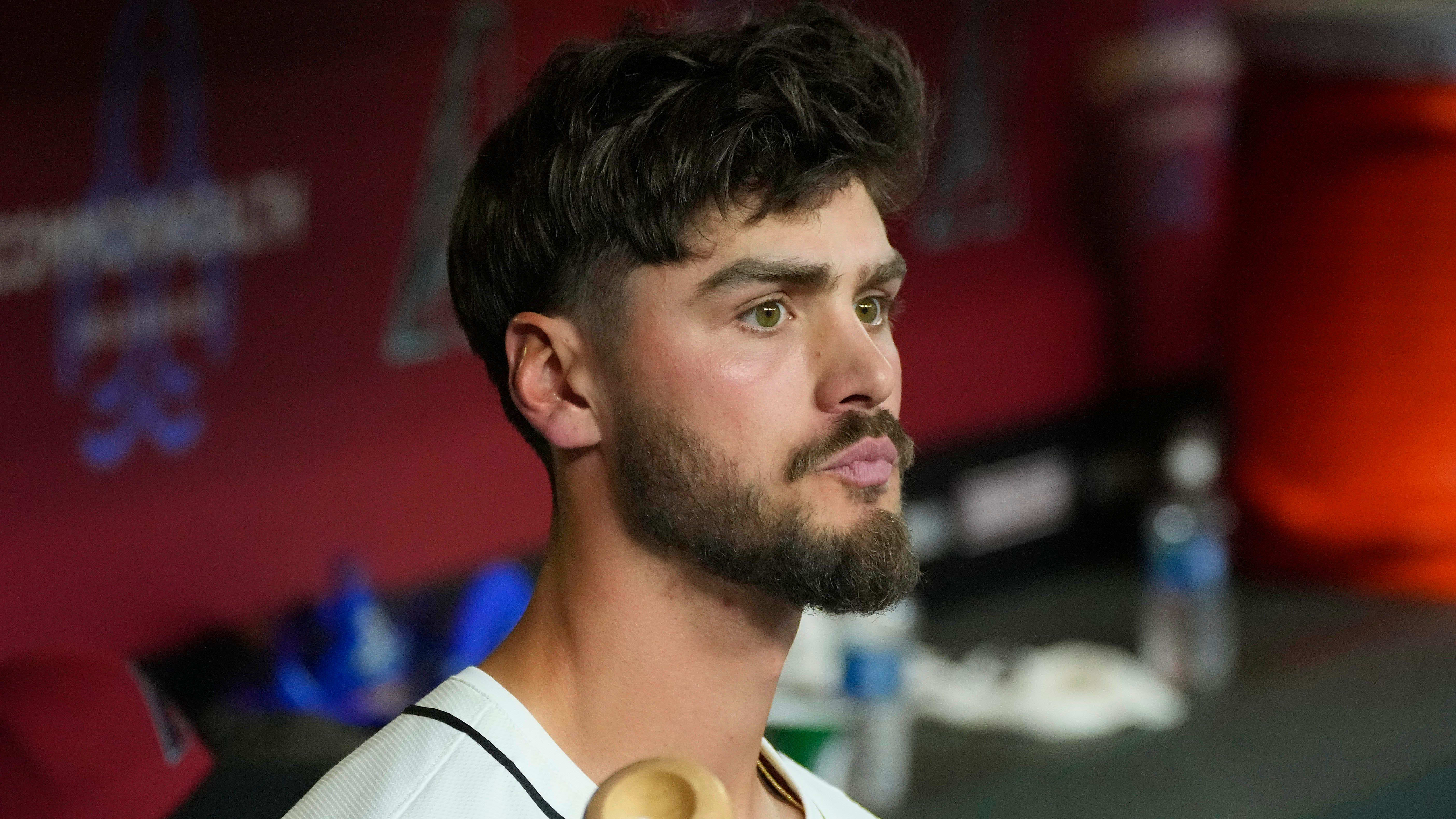 Diamondbacks rookie infielder Blaze Alexander (9) watches the game against the Colorado Rockies on Opening Day.