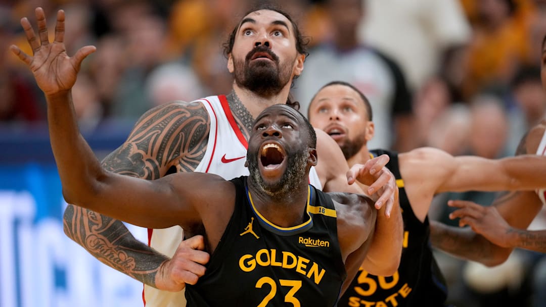 May 2, 2025; San Francisco, California, USA; Golden State Warriors forward Draymond Green (23) battles for position with Houston Rockets center Steven Adams (12) in the fourth quarter of game six of the first round for the 2025 NBA Playoffs at Chase Center. Mandatory Credit: Cary Edmondson-Imagn Images