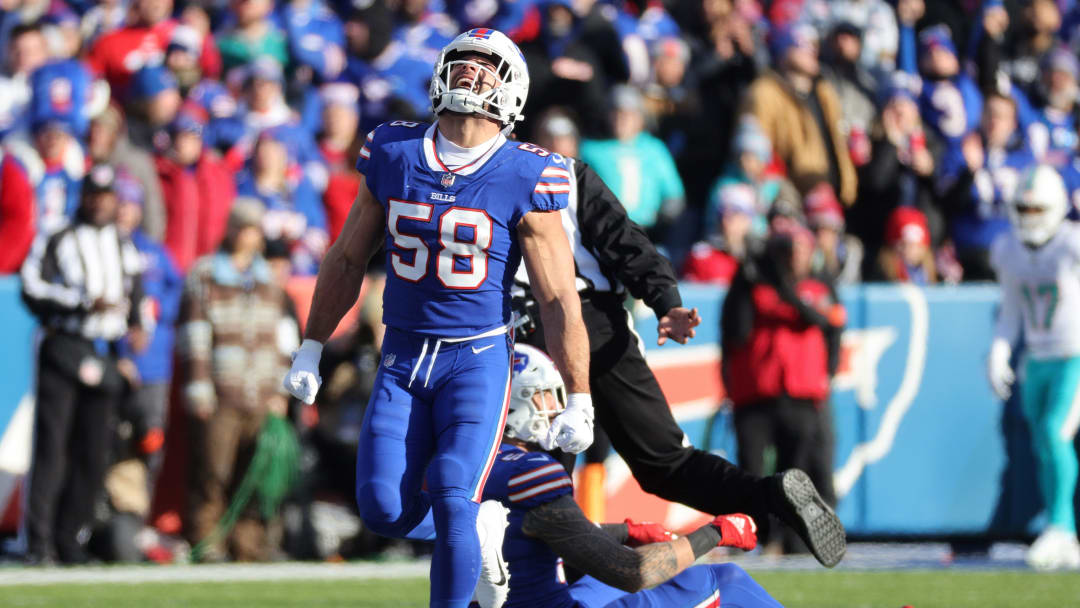 Bills linebacker Matt Milano celebrates one of four sacks of Miami   s Skylar Thompson.