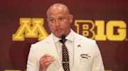 Jul 23, 2025; Las Vegas, NV, USA; Minnesota head coach P.J. Fleck speaks to the media during the Big Ten NCAA college football media days at Mandalay Bay Resort. Mandatory Credit: Lucas Peltier-Imagn Images