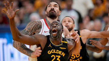 May 2, 2025; San Francisco, California, USA; Golden State Warriors forward Draymond Green (23) battles for position with Houston Rockets center Steven Adams (12) in the fourth quarter of game six of the first round for the 2025 NBA Playoffs at Chase Center. Mandatory Credit: Cary Edmondson-Imagn Images