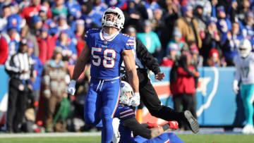 Bills linebacker Matt Milano celebrates one of four sacks of Miami   s Skylar Thompson.