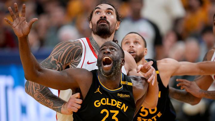 May 2, 2025; San Francisco, California, USA; Golden State Warriors forward Draymond Green (23) battles for position with Houston Rockets center Steven Adams (12) in the fourth quarter of game six of the first round for the 2025 NBA Playoffs at Chase Center. Mandatory Credit: Cary Edmondson-Imagn Images