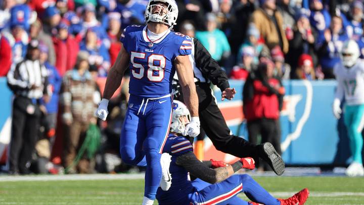 Bills linebacker Matt Milano celebrates one of four sacks of Miami   s Skylar Thompson.