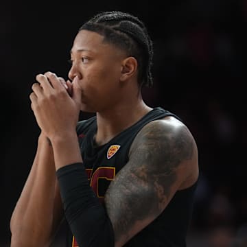 USC's Boogie Ellis competes in the 3-point contest during the 2024 State Farm College Slam Dunk & 3-Point Championships at GCU in Phoenix on April 4, 2024.