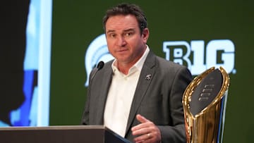 Jul 24, 2025; Las Vegas, NV, USA; Michigan State head coach Jonathan Smith speaks to the media during the Big Ten NCAA college football media days at Mandalay Bay Resort. Mandatory Credit: Lucas Peltier-Imagn Images
