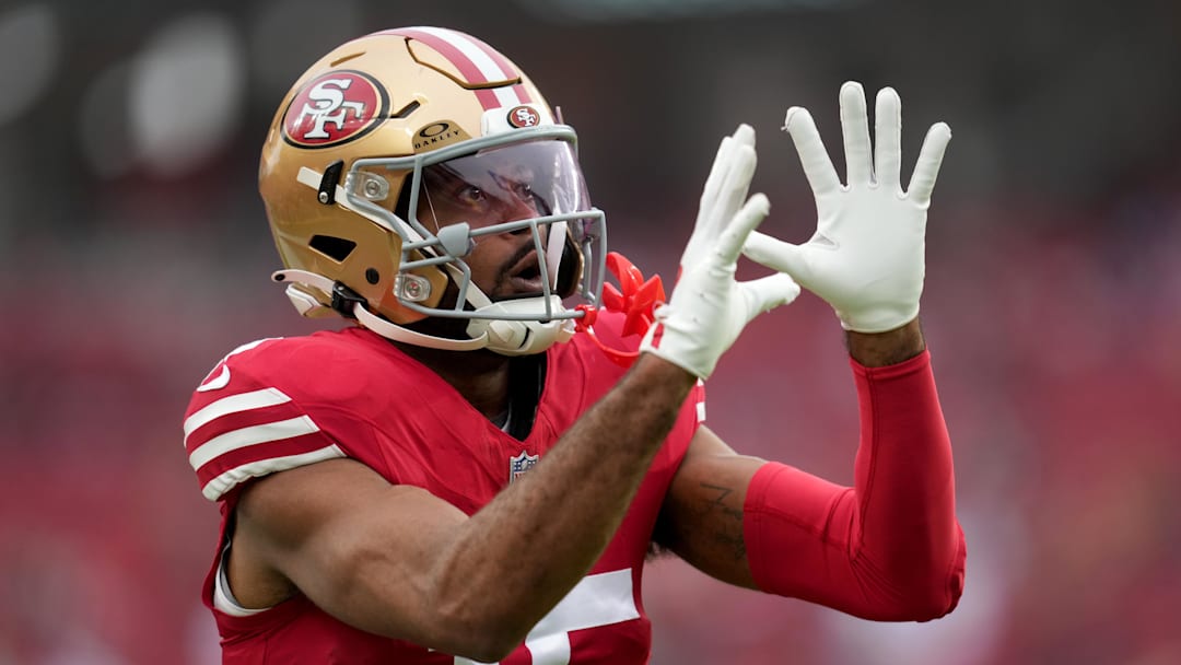 Dec 14, 2025; Santa Clara, California, USA;  San Francisco 49ers wide receiver Jauan Jennings (15) warms up prior to the first half against the Tennessee Titans at Levi's Stadium. Mandatory Credit: Cary Edmondson-Imagn Images