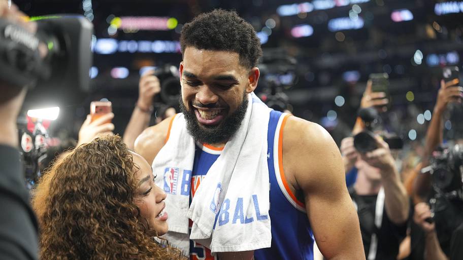 New York Knicks center Karl-Anthony Towns walks off the court after the Knicks defeat the San Antonio Spurs.