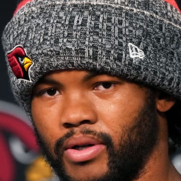 Arizona Cardinals quarterback Kyler Murray (1) speaks to the media during training camp at State Farm Stadium in Glendale, Ariz., on Monday, July 29, 2024.