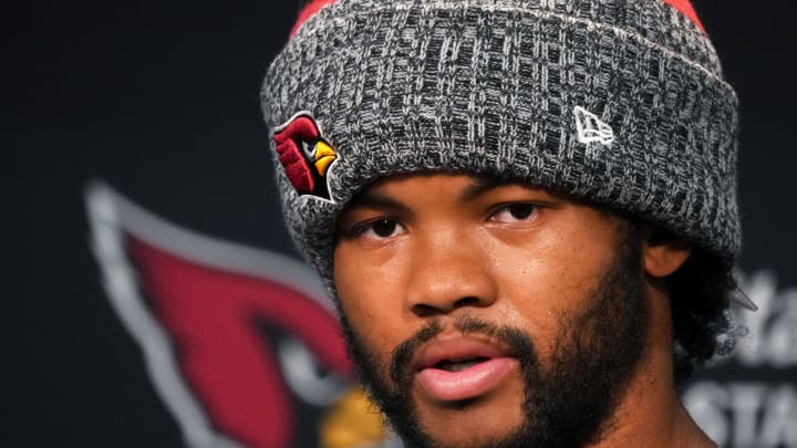 Arizona Cardinals quarterback Kyler Murray (1) speaks to the media during training camp at State Farm Stadium in Glendale, Ariz., on Monday, July 29, 2024.