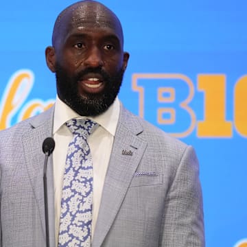 Jul 24, 2025; Las Vegas, NV, USA; UCLA head coach DeShaun Foster speaks to the media during the Big Ten NCAA college football media days at Mandalay Bay Resort. Mandatory Credit: Lucas Peltier-Imagn Images