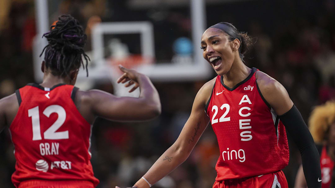 Aug 27, 2025; College Park, Georgia, USA; Las Vegas Aces players react during the game against the Atlanta Dream during the second half at Gateway Center Arena at College Park. Mandatory Credit: Dale Zanine-Imagn Images