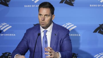 Feb 1, 2024; Charlotte, NC, USA; Carolina Panthers general manager Dan Morgan speaks to the media during the introductory press conference for new head coach Dave Canales at Bank of America Stadium. Mandatory Credit: Jim Dedmon-USA TODAY Sports