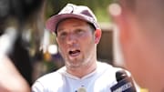 ASU head coach Kenny Dillingham speaks to the media after the team held their first day of practice at Camp Tontozona on Aug. 6, 2025.