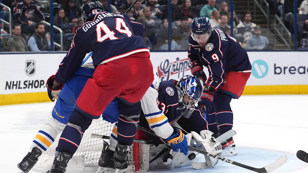 Blue Jackets goalie Jet Greaves makes a save against the Buffalo Sabres.