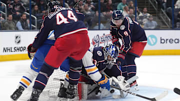 Blue Jackets goalie Jet Greaves makes a save against the Buffalo Sabres.
