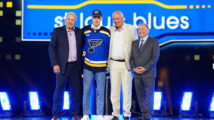 Jun 28, 2024; Las Vegas, Nevada, USA; Adam Jiricek is selected by the St. Louis Blues with the 16th overall pick in the first round of the 2024 NHL Draft at The Sphere. Mandatory Credit: Stephen R. Sylvanie-Imagn Images