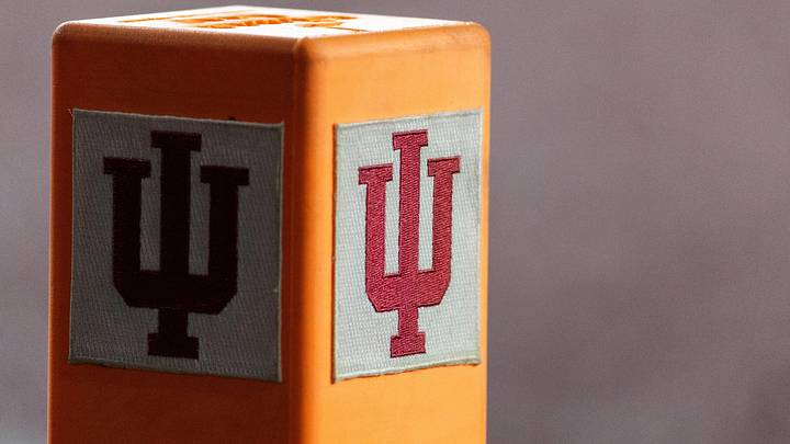 Nov 9, 2024; Bloomington, Indiana, USA; A view of the pylon during the game between the Indiana Hoosiers and the Michigan Wolverines  in the second half at Memorial Stadium. Mandatory Credit: Trevor Ruszkowski-Imagn Images