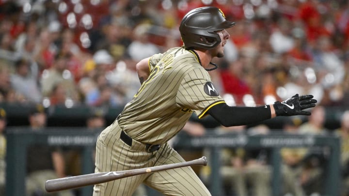 Aug 26, 2024; St. Louis, Missouri, USA;  San Diego Padres center fielder Jackson Merrill (3) hits a one run single against the St. Louis Cardinals during the fifth inning at Busch Stadium. Mandatory Credit: Jeff Curry-USA TODAY Sports