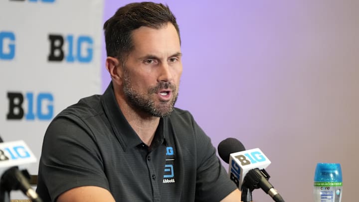 Jul 23, 2025; Las Vegas, NV, USA; Former NFL quarterback Matt Leinart speaks to the media about The We Give Blood Drive during the Big Ten NCAA college football media days at Mandalay Bay Resort. Mandatory Credit: Lucas Peltier-Imagn Images
