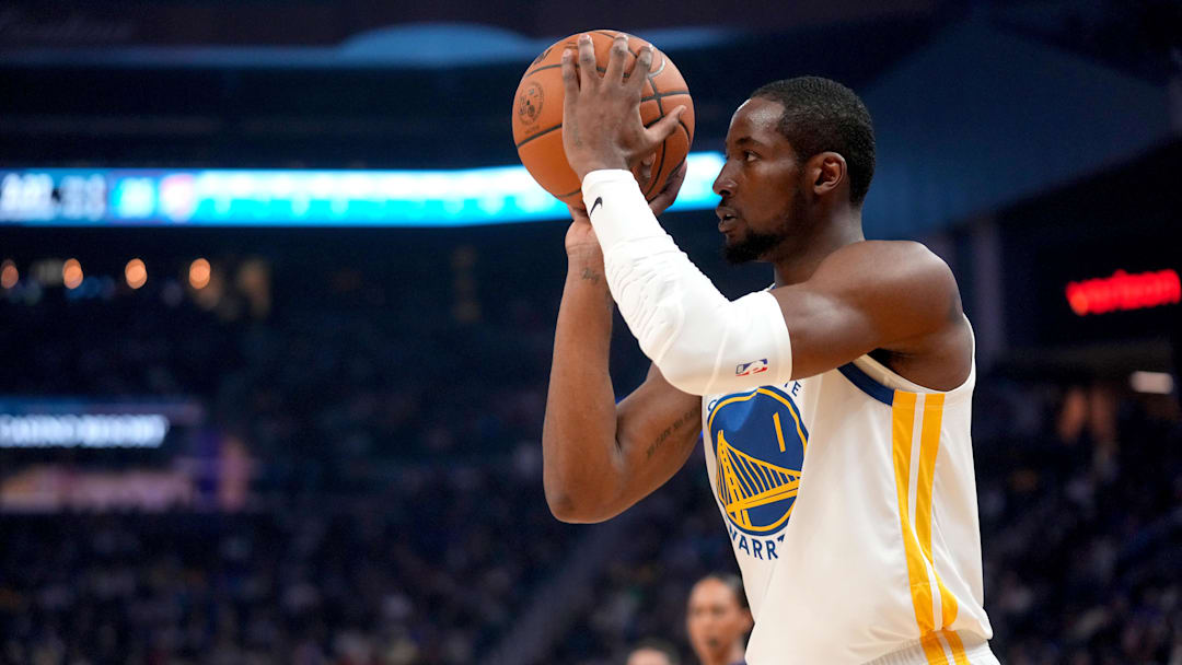 Dec 2, 2025; San Francisco, California, USA; Golden State Warriors forward Jonathan Kuminga (1) shoots the ball against the Oklahoma City Thunder in the first quarter at the Chase Center. Mandatory Credit: Cary Edmondson-Imagn Images