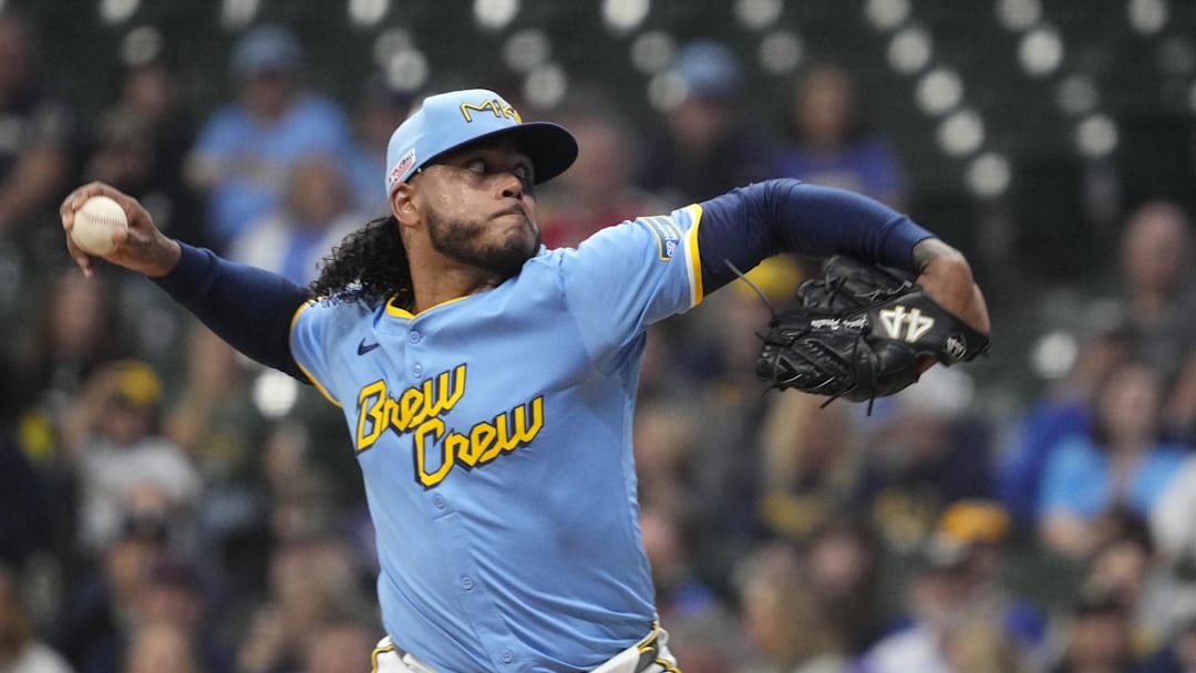 Jun 13, 2025; Milwaukee, Wisconsin, USA; Milwaukee Brewers pitcher Freddy Peralta (51) delivers a pitch against the St. Louis Cardinals in the first inning at American Family Field. 