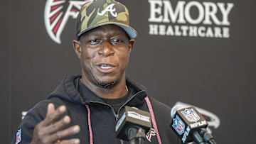 Jun 11, 2025; Atlanta, GA, USA; Atlanta Falcons head coach Raheem Morris answers media questions before practice at Children's Healthcare of Atlanta Training Ground.