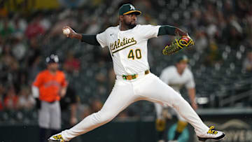 Sep 24, 2025; West Sacramento, California, USA; Athletics pitcher Luis Severino (40) delivers a pitch against the Houston Astros in the first inning at Sutter Health Park. Mandatory Credit: Cary Edmondson-Imagn Images