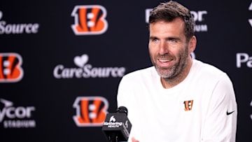 Bengals quarterback Joe Flacco speaks to the media during a press conference in Cincinnati on Oct. 10, 2025.