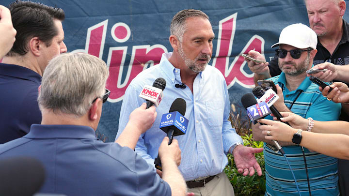 Feb 12, 2025; Jupiter, FL, USA;  St. Louis Cardinals president of baseball operations John Mozeliak takes questions from the media on the day pitchers and catchers report to Spring Training. Mandatory Credit: Jim Rassol-Imagn Images