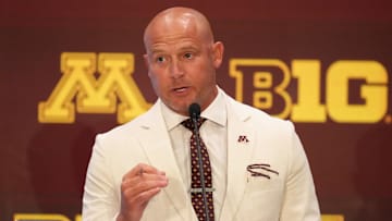 Jul 23, 2025; Las Vegas, NV, USA; Minnesota head coach P.J. Fleck speaks to the media during the Big Ten NCAA college football media days at Mandalay Bay Resort. Mandatory Credit: Lucas Peltier-Imagn Images