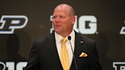 Jul 24, 2025; Las Vegas, NV, USA; Purdue head coach Barry Odom speaks to the media during the Big Ten NCAA college football media days at Mandalay Bay Resort. Mandatory Credit: Lucas Peltier-Imagn Images