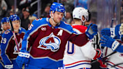 Jan 4, 2025; Denver, Colorado, USA; Colorado Avalanche right wing Mikko Rantanen (96) celebrates after scoring a goal against the Montreal Canadiens in the first period at Ball Arena. Mandatory Credit: Ron Chenoy-Imagn Images