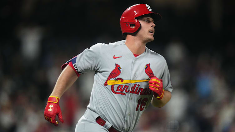 Apr 11, 2023; Denver, Colorado, USA; St. Louis Cardinals infielder Nolan Gorman (16) runs off a solo