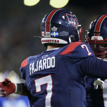 Nov 19, 2023; Hamilton, Ontario, CAN; Montreal Alouettes quarterback Cody Fajardo (7) and wide receiver Tyson Philpot (6) celebrate scoring the winning touchdown against the Winnipeg Blue Bombers during the fourth quarter of the 110th Grey Cup at Tim Hortons Field. Mandatory Credit: John E. Sokolowski-USA TODAY Sports