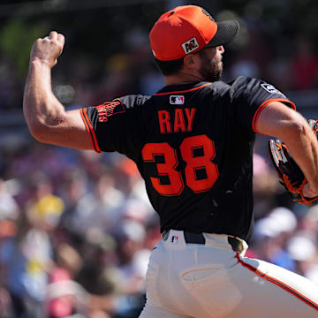 Mar 2, 2025; Scottsdale, Arizona, USA; San Francisco Giants pitcher Robbie Ray (38) pitches against the Los Angeles Angels during the first inning at Scottsdale Stadium. 