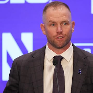 Jul 23, 2025; Las Vegas, NV, USA; Northwestern head coach David Braun speaks to the media during the Big Ten NCAA college football media days at Mandalay Bay Resort. Mandatory Credit: Lucas Peltier-Imagn Images