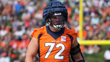 Jul 29, 2022; Englewood, CO, USA; Denver Broncos tackle Garett Bolles (72) during training camp at the UCHealth Training Center. 