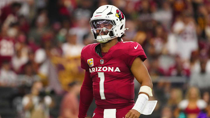 Cardinals quarterback Kyler Murray (1) reacts after a three and out against the Commanders during a game at State Farm Stadium in Glendale on Sept. 29, 2024.