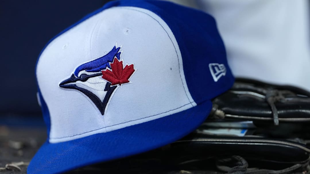 A detailed view of a Toronto Blue Jays cap.