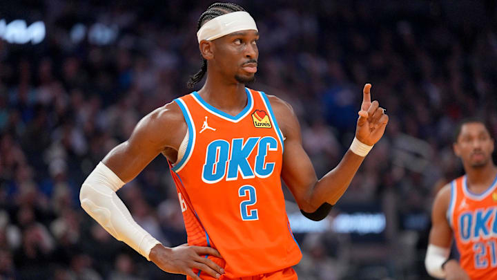 Dec 2, 2025; San Francisco, California, USA; Oklahoma City Thunder guard Shai Gilgeous-Alexander (2) looks towards the team bench during a break in the action against the Golden State Warriors in the first quarter at the Chase Center. Mandatory Credit: Cary Edmondson-Imagn Images