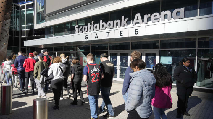 Apr 7, 2024; Toronto, Ontario, CAN; Toronto Raptors fans enter Scotiabank Arena before a game against the Washington Wizards. Mandatory Credit: John E. Sokolowski-USA TODAY Sports