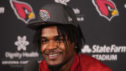 Cardinals rookie cornerback Max Melton speaks to the media in May.