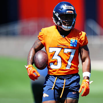 May 10, 2025; Englewood, CO, USA; Denver Broncos running back RJ Harvey (37) during rookie minicamp at Broncos Park Powered by CommonSpirit. 