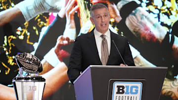 Jul 22, 2025; Las Vegas, NV, USA; Big Ten commissioner Tony Petitti speaks to the media during the Big Ten NCAA college football media days at Mandalay Bay Resort. Mandatory Credit: Lucas Peltier-Imagn Images