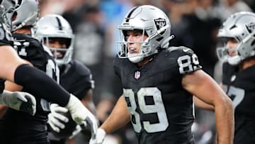 Nov 2, 2025; Paradise, Nevada, USA; Las Vegas Raiders tight end Brock Bowers (89) celebrates after scoring a touchdown during the second half against the Jacksonville Jaguars at Allegiant Stadium. Mandatory Credit: Stephen R. Sylvanie-Imagn Images